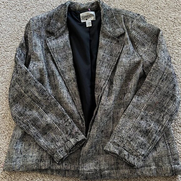 Chico's Size 2 Black/Silver Jacket/Blazer – Elegant & Versatile Statement Piece - Picture 1 of 7